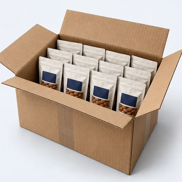 Caja de cartón abierta con envases, ejemplo de agrupación logística