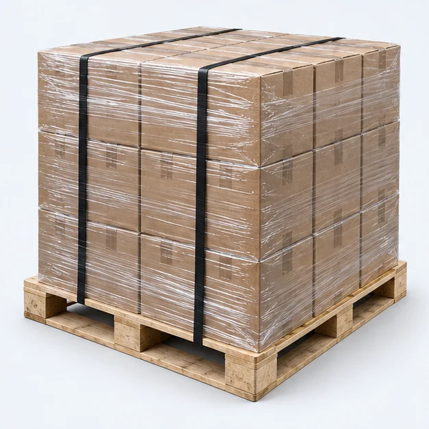 Palé de madera con cajas y film, visual ilustrativo de suministro