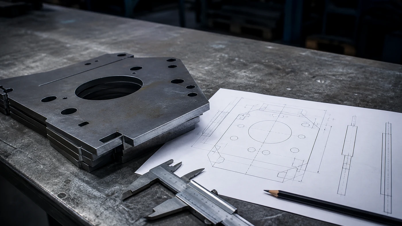 Piezas de chapa de acero cortadas por láser junto a un plano técnico en un taller industrial