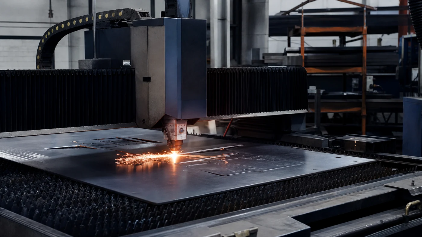 Máquina de corte láser trabajando chapa de acero en un taller de fabricación metálica de Valencia
